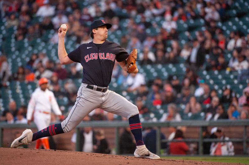 Sep 12, 2023; San Francisco, California, USA; Cleveland Guardians starting pitcher Cal Quantrill (47) throws a pitch during the first inning against the San Francisco Giants at Oracle Park. Mandatory Credit: Ed Szczepanski-USA TODAY Sports