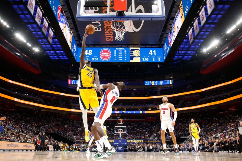 DETROIT, MI - OCTOBER 23: Pascal Siakam #43 of the Indiana Pacers drives to the basket during the game against the Detroit Pistons on October 23, 2024 at Little Caesars Arena in Detroit, Michigan. NOTE TO USER: User expressly acknowledges and agrees that, by downloading and/or using this photograph, User is consenting to the terms and conditions of the Getty Images License Agreement. Mandatory Copyright Notice: Copyright 2024 NBAE (Photo by Brian Sevald/NBAE via Getty Images)