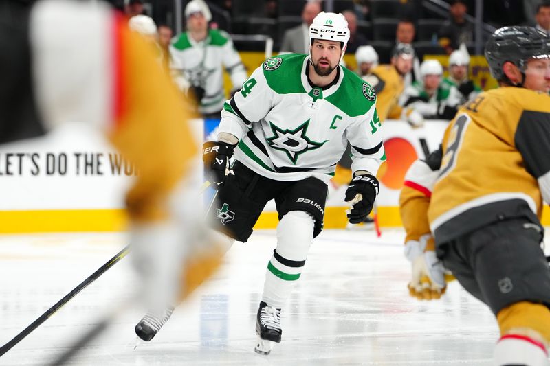 May 3, 2024; Las Vegas, Nevada, USA; Dallas Stars left wing Jamie Benn (14) skates against the Vegas Golden Knights during the second period of game six of the first round of the 2024 Stanley Cup Playoffs at T-Mobile Arena. Mandatory Credit: Stephen R. Sylvanie-USA TODAY Sports