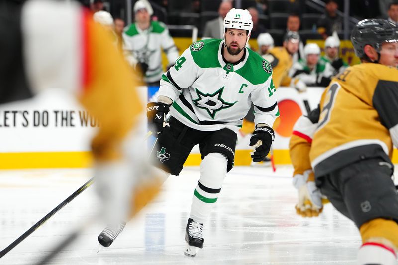 May 3, 2024; Las Vegas, Nevada, USA; Dallas Stars left wing Jamie Benn (14) skates against the Vegas Golden Knights during the second period of game six of the first round of the 2024 Stanley Cup Playoffs at T-Mobile Arena. Mandatory Credit: Stephen R. Sylvanie-USA TODAY Sports