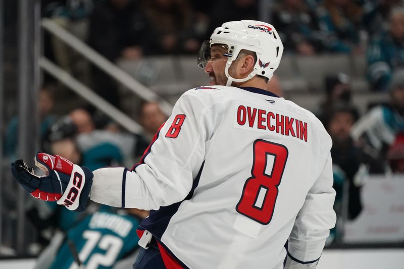 Dec 3, 2025; San Jose, California, USA;  Washington Capitals left winger Alex Ovechkin (8) skates off the ice against the San Jose Sharks in the first period at SAP Center at San Jose. Mandatory Credit: David Gonzales-Imagn Images