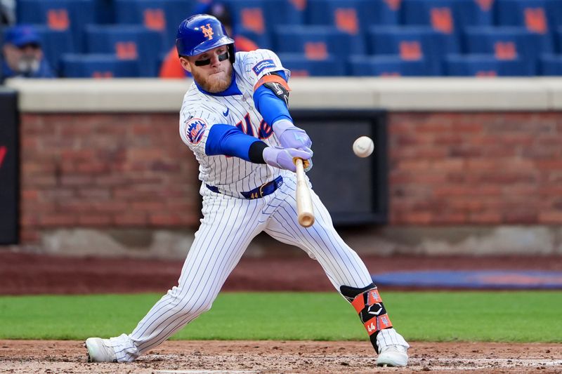 Apr 4, 2024; New York City, New York, USA; New York Mets center fielder Harrison Bader (44) breaks up a no hitter by hitting a single against the Detroit Tigers during the eighth inning at Citi Field. Mandatory Credit: Gregory Fisher-USA TODAY Sports