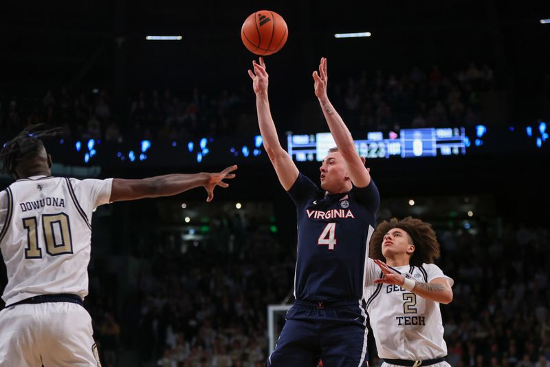 Jan 20, 2024; Atlanta, Georgia, USA; Virginia Cavaliers guard Andrew Rohde (4) shoots against the Georgia Tech Yellow Jackets in the first half at McCamish Pavilion. Mandatory Credit: Brett Davis-USA TODAY Sports