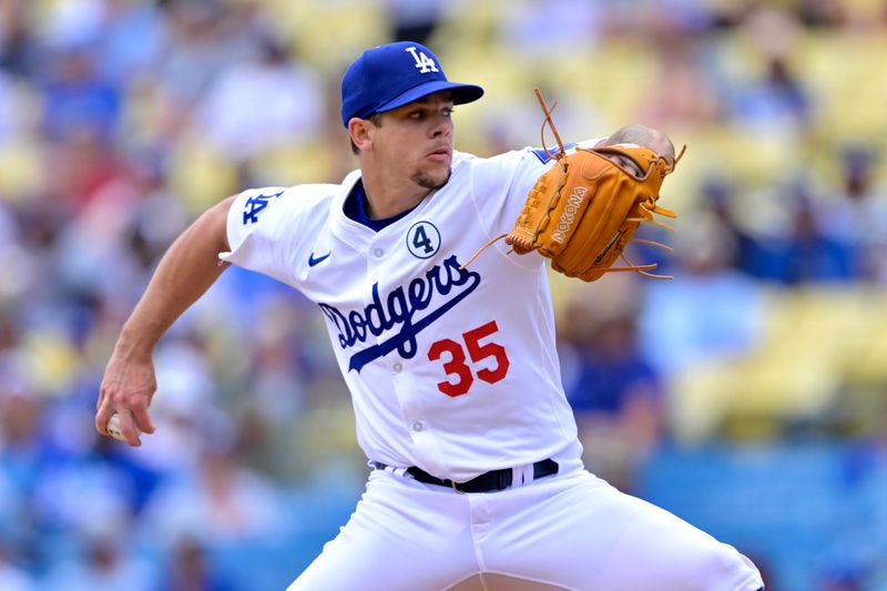 Jun 2, 2024; Los Angeles, California, USA;  Los Angeles Dodgers pitcher Gavin Stone (35) delivers to the plate in the first inning against the Colorado Rockies at Dodger Stadium. Mandatory Credit: Jayne Kamin-Oncea-USA TODAY Sports