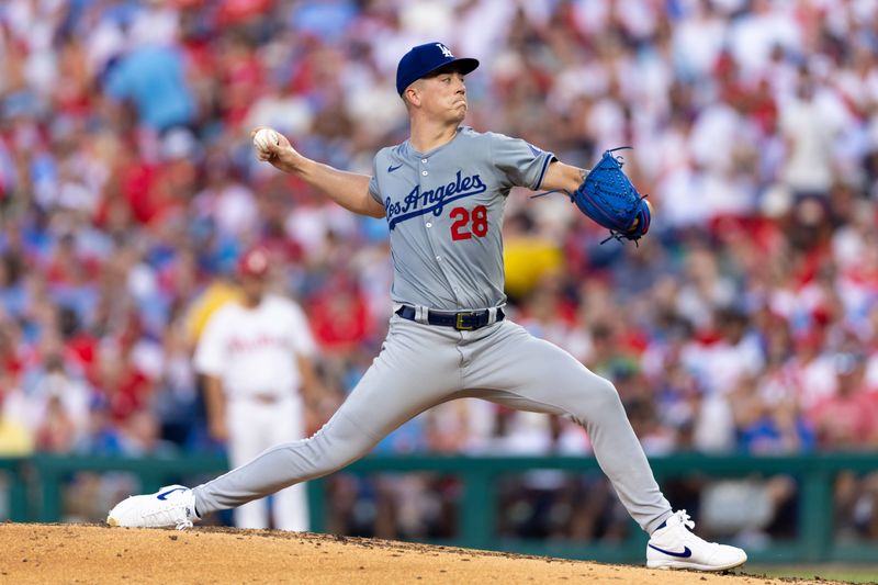 Jul 9, 2024; Philadelphia, Pennsylvania, USA; Los Angeles Dodgers pitcher Bobby Miller (28) throws a pitch during the third inning against the Philadelphia Phillies at Citizens Bank Park. Mandatory Credit: Bill Streicher-USA TODAY Sports