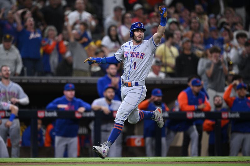 Jul 7, 2023; San Diego, California, USA; New York Mets second baseman Jeff McNeil (1) gestures before scoring a run against the San Diego Padres during the 10th inning at Petco Park. Mandatory Credit: Orlando Ramirez-USA TODAY Sports