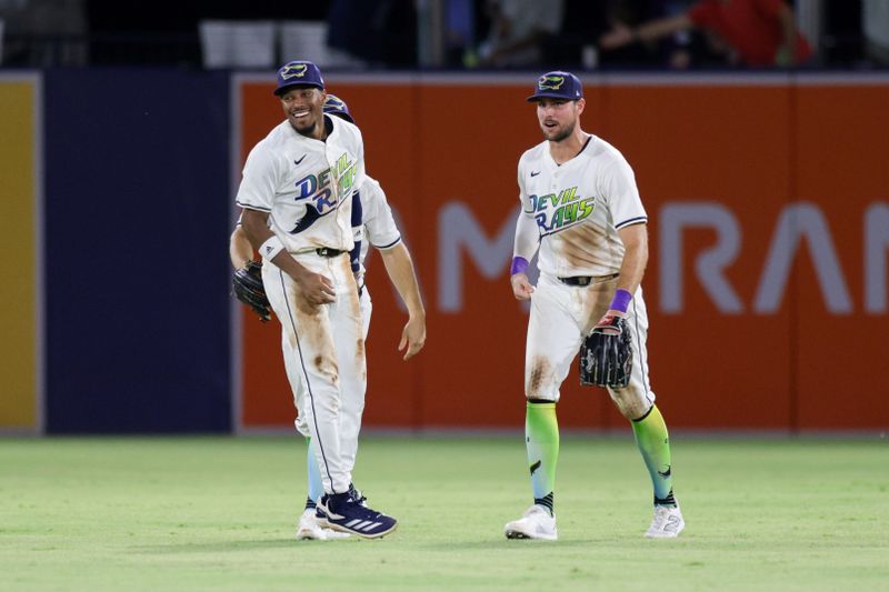 Jul 19, 2025; Tampa, Florida, USA; Tampa Bay Rays center fielder Chandler Simpson (14) reacts after beating the Baltimore Orioles at George M. Steinbrenner Field. Mandatory Credit: Nathan Ray Seebeck-Imagn Images