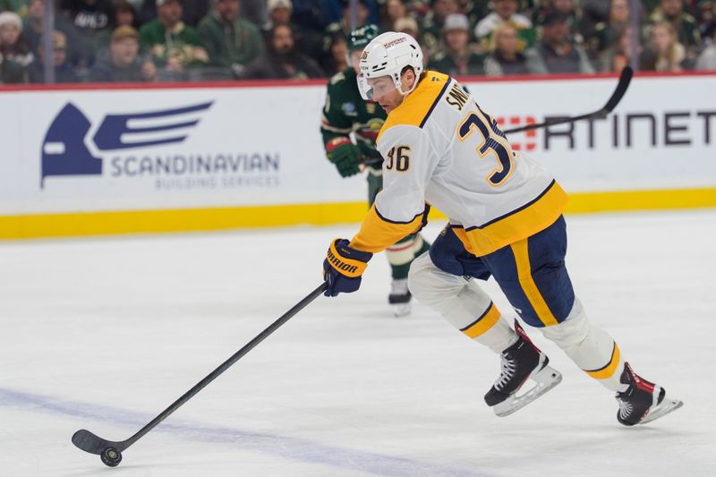 Dec 23, 2025; Saint Paul, Minnesota, USA; Nashville Predators left wing Cole Smith (36) intercepts a Minnesota Wild pass in the first period at Grand Casino Arena. Mandatory Credit: Matt Blewett-Imagn Images