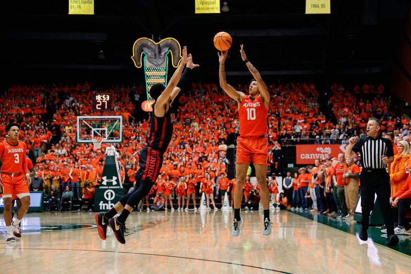 Jan 19, 2024; Fort Collins, Colorado, USA; Colorado State Rams guard Nique Clifford (10) attempts a shot as UNLV Rebels guard Justin Webster (2) defends in the second half at Moby Arena. Mandatory Credit: Isaiah J. Downing-USA TODAY Sports