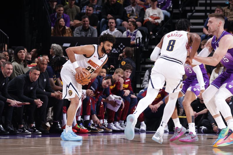 SALT LAKE CITY, UT - WEDNESDAY 27: Jamal Murray #27 of the Denver Nuggets looks to pass the ball during the game against the Utah Jazz on Wednesday 27, 2024 at vivint.SmartHome Arena in Salt Lake City, Utah. NOTE TO USER: User expressly acknowledges and agrees that, by downloading and or using this Photograph, User is consenting to the terms and conditions of the Getty Images License Agreement. Mandatory Copyright Notice: Copyright 2024 NBAE (Photo by Melissa Majchrzak/NBAE via Getty Images)