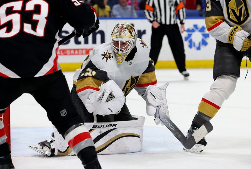 Mar 2, 2024; Buffalo, New York, USA;  Vegas Golden Knights goaltender Logan Thompson (36) looks for the puck during the second period against the Buffalo Sabres at KeyBank Center. Mandatory Credit: Timothy T. Ludwig-USA TODAY Sports