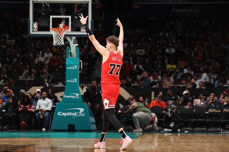 WASHINGTON, DC -? APRIL 12: Henri Drell #77 of the Chicago Bulls celebrates a three point basket during the game against the Washington Wizards on April 12, 2024 at Capital One Arena in Washington, DC. NOTE TO USER: User expressly acknowledges and agrees that, by downloading and or using this Photograph, user is consenting to the terms and conditions of the Getty Images License Agreement. Mandatory Copyright Notice: Copyright 2024 NBAE (Photo by Stephen Gosling/NBAE via Getty Images)