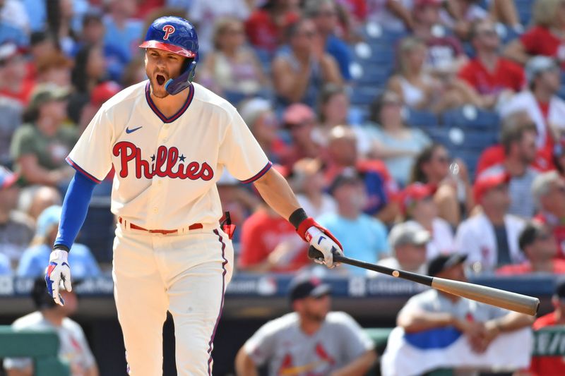 Aug 27, 2023; Philadelphia, Pennsylvania, USA; Philadelphia Phillies shortstop Trea Turner (7) reacts after hitting a RBI sacrifice fly against the St. Louis Cardinals during the fifth inning at Citizens Bank Park. Mandatory Credit: Eric Hartline-USA TODAY Sports