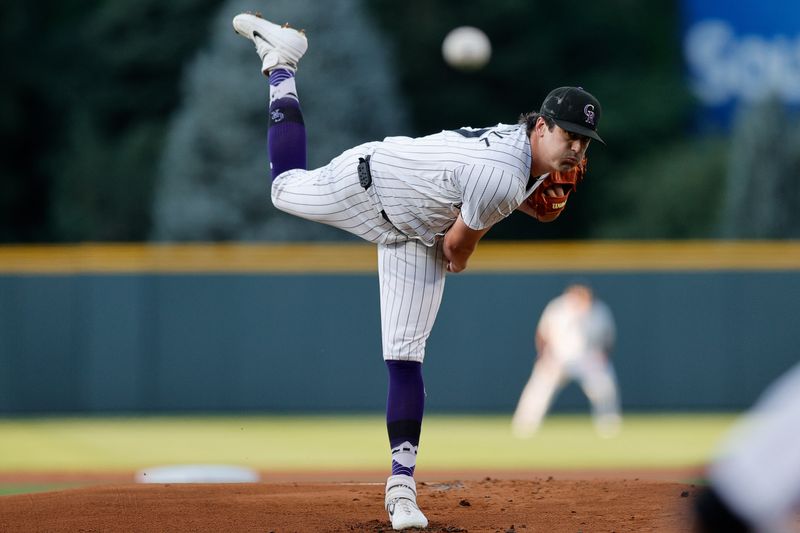 Aug 27, 2024; Denver, Colorado, USA; Colorado Rockies starting pitcher Cal Quantrill (47) pitches in the first inning against the Miami Marlins at Coors Field. Mandatory Credit: Isaiah J. Downing-USA TODAY Sports