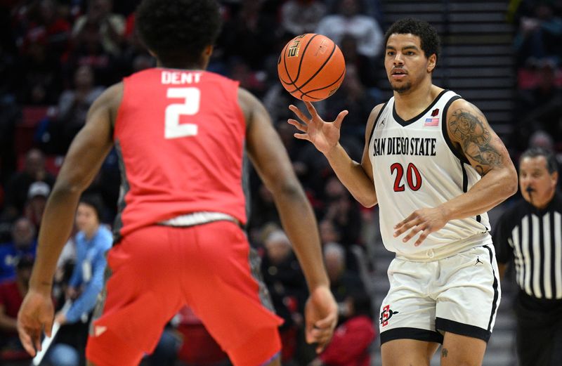 Jan 14, 2023; San Diego, California, USA; San Diego State Aztecs guard Matt Bradley (20) dribbles the ball while defended by New Mexico Lobos guard Donovan Dent (2) during the first half at Viejas Arena. Mandatory Credit: Orlando Ramirez-USA TODAY Sports