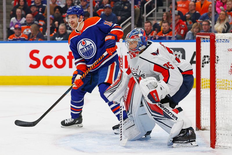 Mar 13, 2024; Edmonton, Alberta, CAN; Edmonton Oilers forward Zach Hyman (18) looks for a pass beside Washington Capitals goaltender Darcy Kuemper (35) during the first period at Rogers Place. Mandatory Credit: Perry Nelson-USA TODAY Sports