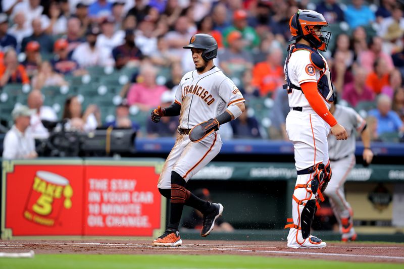 May 2, 2023; Houston, Texas, USA; San Francisco Giants shortstop Thairo Estrada (39) scores against the Houston Astros during the first inning at Minute Maid Park. Mandatory Credit: Erik Williams-USA TODAY Sports