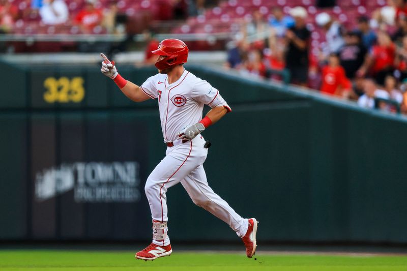 Aug 14, 2024; Cincinnati, Ohio, USA; Cincinnati Reds catcher Tyler Stephenson (37) runs the bases after hitting a solo home run in the third inning against the St. Louis Cardinals at Great American Ball Park. Mandatory Credit: Katie Stratman-USA TODAY Sports