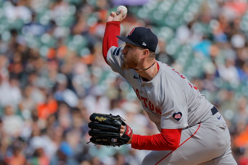 Sep 1, 2024; Detroit, Michigan, USA;  Boston Red Sox pitcher Zack Kelly (76) pitches in the fifth inning against the Detroit Tigers at Comerica Park. Mandatory Credit: Rick Osentoski-USA TODAY Sports