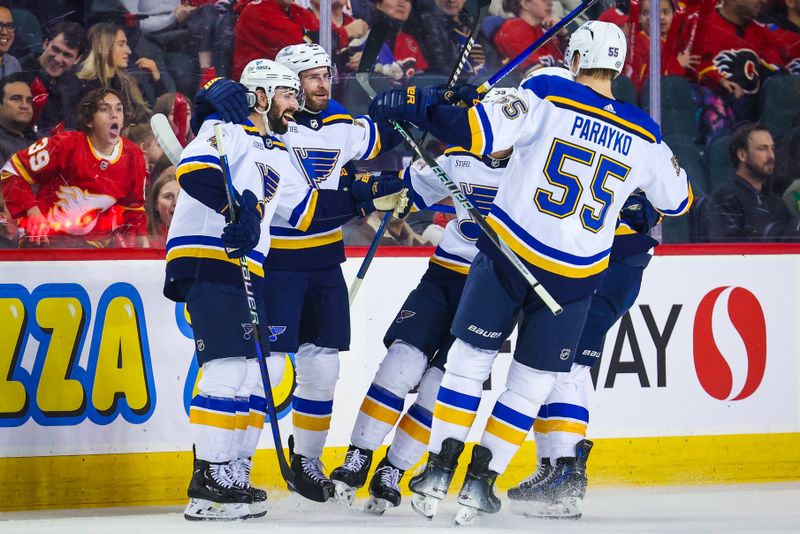 Jan 23, 2024; Calgary, Alberta, CAN; St. Louis Blues left wing Brandon Saad (20) celebrates his goal with teammates against the Calgary Flames during the second period at Scotiabank Saddledome. Mandatory Credit: Sergei Belski-USA TODAY Sports