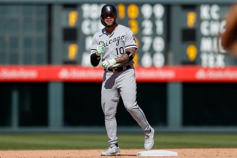 Aug 20, 2023; Denver, Colorado, USA; Chicago White Sox third baseman Yoan Moncada (10) reacts from second on a two RBI double to tie the game in the eighth inning against the Colorado Rockies at Coors Field. Mandatory Credit: Isaiah J. Downing-USA TODAY Sports