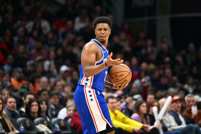 CLEVELAND, OHIO - MARCH 29: Kyle Lowry #7 of the Philadelphia 76ers reacts during the second half against the Cleveland Cavaliers at Rocket Mortgage Fieldhouse on March 29, 2024 in Cleveland, Ohio. The Cavaliers defeated the 76ers 117-114. NOTE TO USER: User expressly acknowledges and agrees that, by downloading and or using this photograph, User is consenting to the terms and conditions of the Getty Images License Agreement. (Photo by Jason Miller/Getty Images)