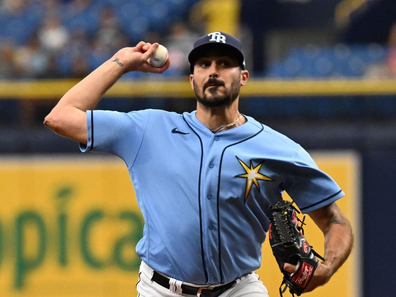 Sep 10, 2023; St. Petersburg, Florida, USA; Tampa Bay Rays pitcher Zach Eflin (24) throws a pitch in the first inning against the Seattle Mariners  at Tropicana Field. Mandatory Credit: Jonathan Dyer-USA TODAY Sports