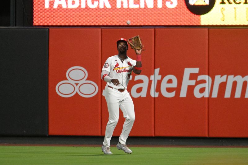 Sep 6, 2024; St. Louis, Missouri, USA; St. Louis Cardinals right fielder Jordan Walker (18) catches a fly ball by the Seattle Mariners in the third inning at Busch Stadium. Mandatory Credit: Joe Puetz-Imagn Images