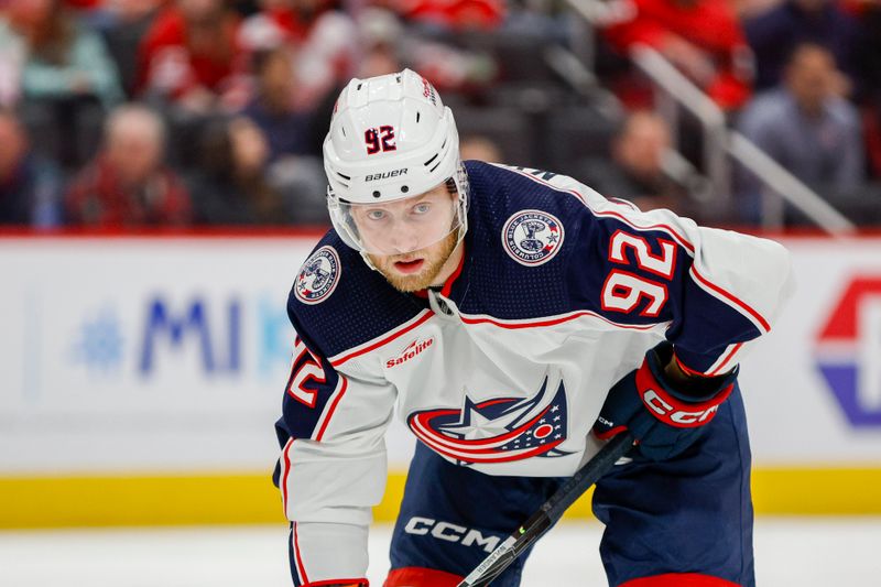 Mar 19, 2024; Detroit, Michigan, USA; Columbus Blue Jackets left wing Alexander Nylander (92) looks on during the third period of the game against the Detroit Red Wings  at Little Caesars Arena. Mandatory Credit: Brian Bradshaw Sevald-USA TODAY Sports