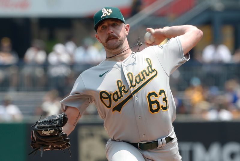 Jun 7, 2023; Pittsburgh, Pennsylvania, USA;  Oakland Athletics starting pitcher Hogan Harris (63) delivers a pitch against the Pittsburgh Pirates during the first inning at PNC Park. Mandatory Credit: Charles LeClaire-USA TODAY Sports