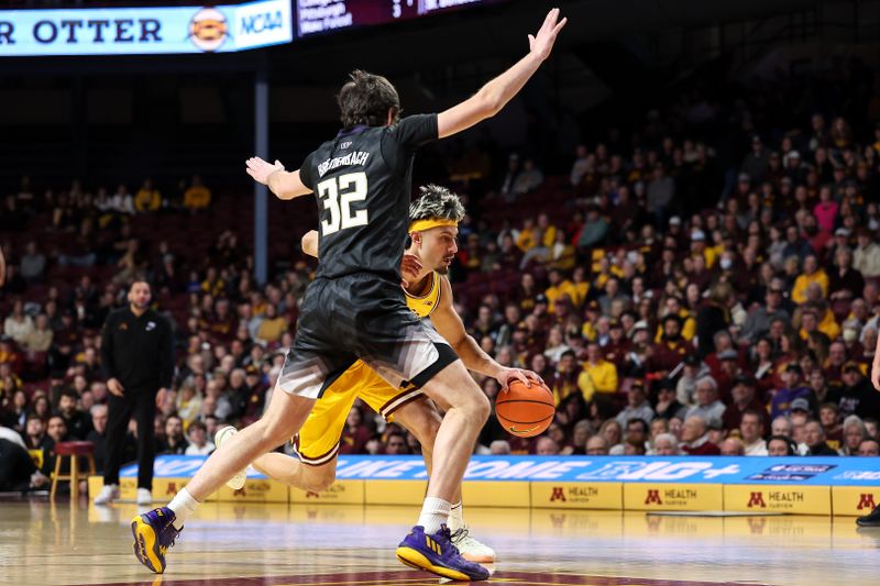 Feb 1, 2025; Minneapolis, Minnesota, USA; Minnesota Golden Gophers forward Dawson Garcia (3) works around Washington Huskies forward Wilhelm Breidenbach (32) during the first half at Williams Arena. Mandatory Credit: Matt Krohn-Imagn Images