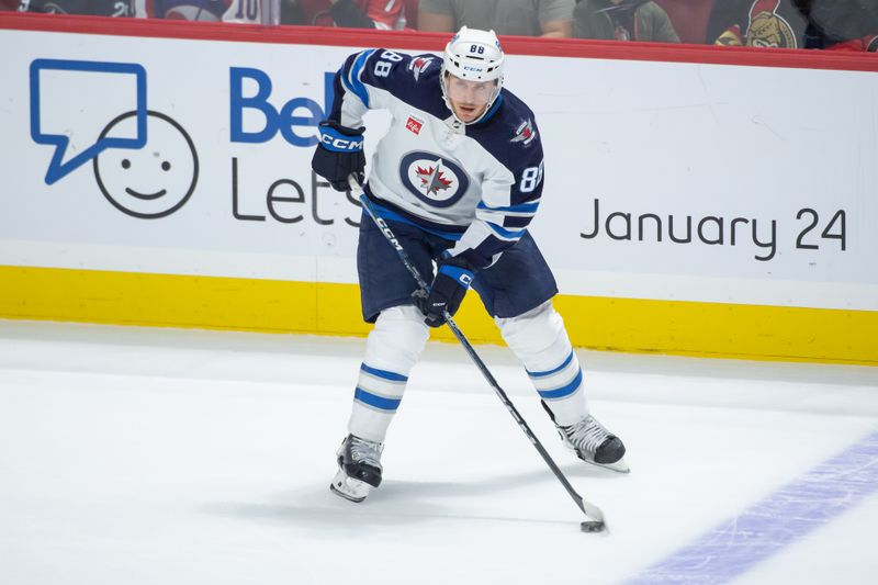 Jan 20, 2024; Ottawa, Ontario, CAN; Winnipeg Jets defenseman Nate Schmidt (88) controls the puck in the third period against the Ottawa Senators at the Canadian Tire Centre. Mandatory Credit: Marc DesRosiers-USA TODAY Sports