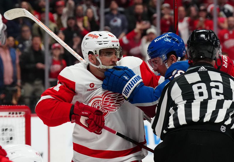 Mar 6, 2024; Denver, Colorado, USA; Colorado Avalanche left wing Miles Wood (28) and Detroit Red Wings defenseman Shayne Gostisbehere (41) fight in the second period at Ball Arena. Mandatory Credit: Ron Chenoy-USA TODAY Sports