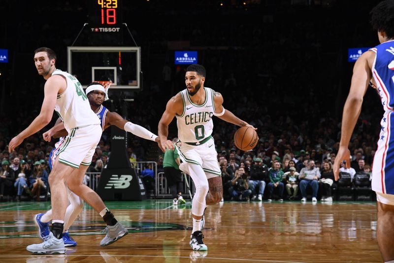 BOSTON, MA - OCTOBER 12: Jayson Tatum #0 of the Boston Celtics handles the ball during the game against the Philadelphia 76ers during a NBA Preseason game on October 12, 2024 at TD Garden in Boston, Massachusetts. NOTE TO USER: User expressly acknowledges and agrees that, by downloading and/or using this Photograph, user is consenting to the terms and conditions of the Getty Images License Agreement. Mandatory Copyright Notice: Copyright 2024 NBAE (Photo by Brian Babineau/NBAE via Getty Images)