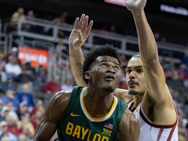 Mar 15, 2024; Kansas City, MO, USA; Baylor Bears center Yves Missi (21) drives to the basket during the second half at T-Mobile Center. Mandatory Credit: William Purnell-USA TODAY Sports