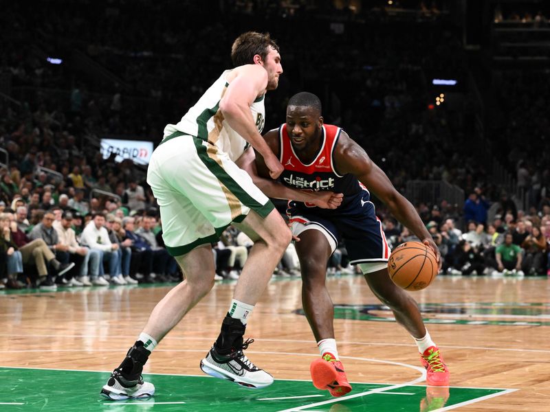 BOSTON, MASSACHUSETTS - APRIL 14: Eugene Omoruyi #97 of the Washington Wizards drives to the basket against \b40 during the second quarter at the TD Garden on April 14, 2024 in Boston, Massachusetts. NOTE TO USER: User expressly acknowledges and agrees that, by downloading and or using this photograph, User is consenting to the terms and conditions of the Getty Images License Agreement. (Photo by Brian Fluharty/Getty Images)