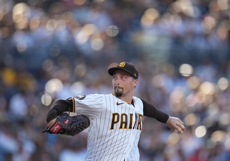 Aug 16, 2023; San Diego, California, USA; San Diego Padres starting pitcher Blake Snell (4) throws a pitch against the Baltimore Orioles during the first inning at Petco Park. Mandatory Credit: Ray Acevedo-USA TODAY Sports