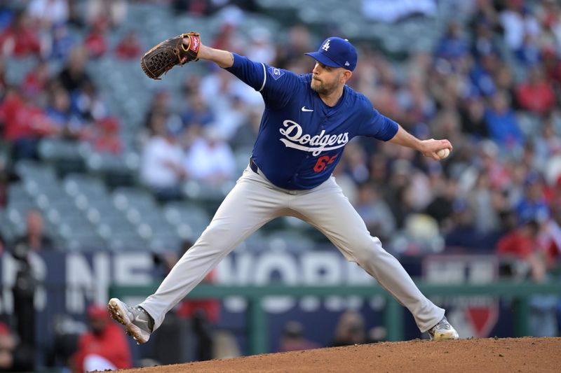 Mar 26, 2024; Anaheim, California, USA; Los Angeles Dodgers starting pitcher James Paxton (65) throws to the plate in the first inning against the Los Angeles Angels at Angel Stadium. Mandatory Credit: Jayne Kamin-Oncea-USA TODAY Sports