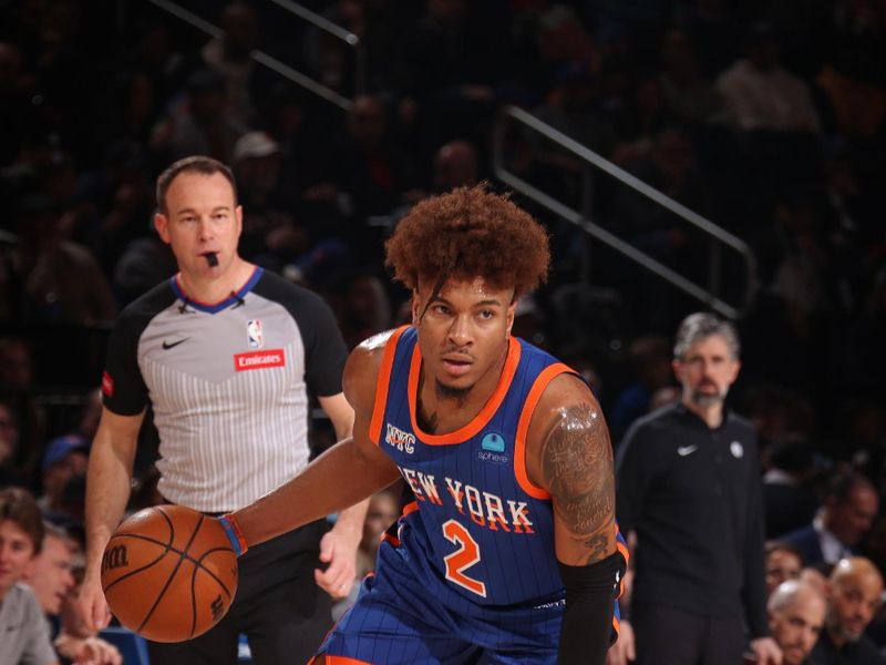 NEW YORK, NY - MARCH 23: Miles McBride #2 of the New York Knicks looks on during the game against the Brooklyn Nets on March 23, 2024 at Madison Square Garden in New York City, New York.  NOTE TO USER: User expressly acknowledges and agrees that, by downloading and or using this photograph, User is consenting to the terms and conditions of the Getty Images License Agreement. Mandatory Copyright Notice: Copyright 2024 NBAE  (Photo by Nathaniel S. Butler/NBAE via Getty Images)