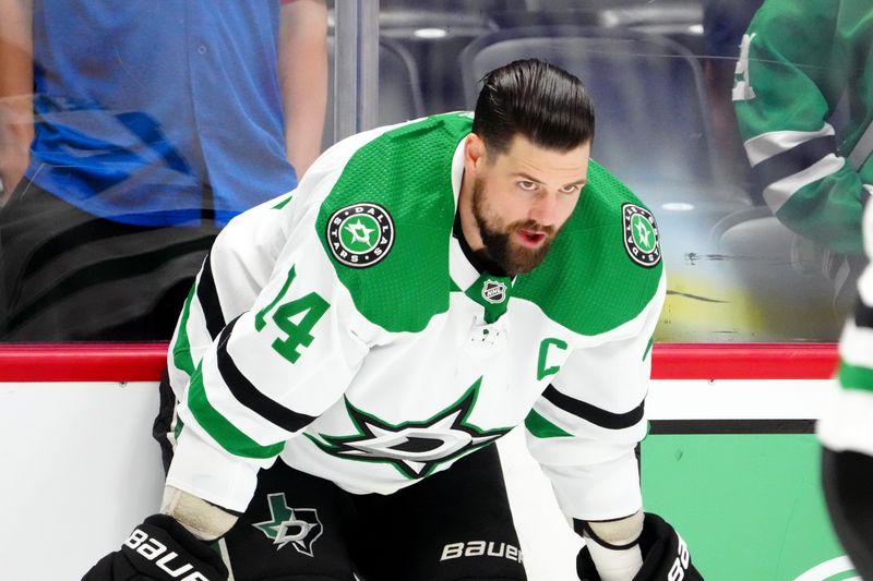 May 17, 2024; Denver, Colorado, USA; Dallas Stars left wing Jamie Benn (14) before the game against the Colorado Avalanche in game six of the second round of the 2024 Stanley Cup Playoffs at Ball Arena. Mandatory Credit: Ron Chenoy-USA TODAY Sports