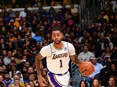 LOS ANGELES, CA - DECEMBER 2:  D'Angelo Russell #1 of the Los Angeles Lakers handles the ball during the game  on December 2, 2023 at Crypto.Com Arena in Los Angeles, California. NOTE TO USER: User expressly acknowledges and agrees that, by downloading and/or using this Photograph, user is consenting to the terms and conditions of the Getty Images License Agreement. Mandatory Copyright Notice: Copyright 2023 NBAE (Photo by Adam Pantozzi/NBAE via Getty Images)