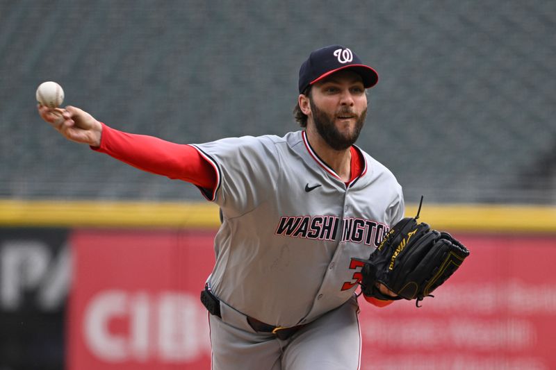 May 14, 2024; Chicago, Illinois, USA;  Washington Nationals pitcher Trevor Williams (32) delivers against the Chicago White Sox during the first inning at Guaranteed Rate Field. Mandatory Credit: Matt Marton-USA TODAY Sports