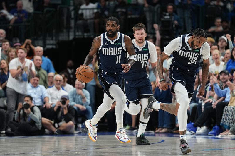 DALLAS, TX - APRIL 28: Kyrie Irving #11 of the Dallas Mavericks handles the ball during the game against the LA Clippers during Round 1 Game 4 of the 2024NBA Playoffs on April 28, 2024 at the American Airlines Center in Dallas, Texas. NOTE TO USER: User expressly acknowledges and agrees that, by downloading and or using this photograph, User is consenting to the terms and conditions of the Getty Images License Agreement. Mandatory Copyright Notice: Copyright 2024 NBAE (Photo by Glenn James/NBAE via Getty Images)