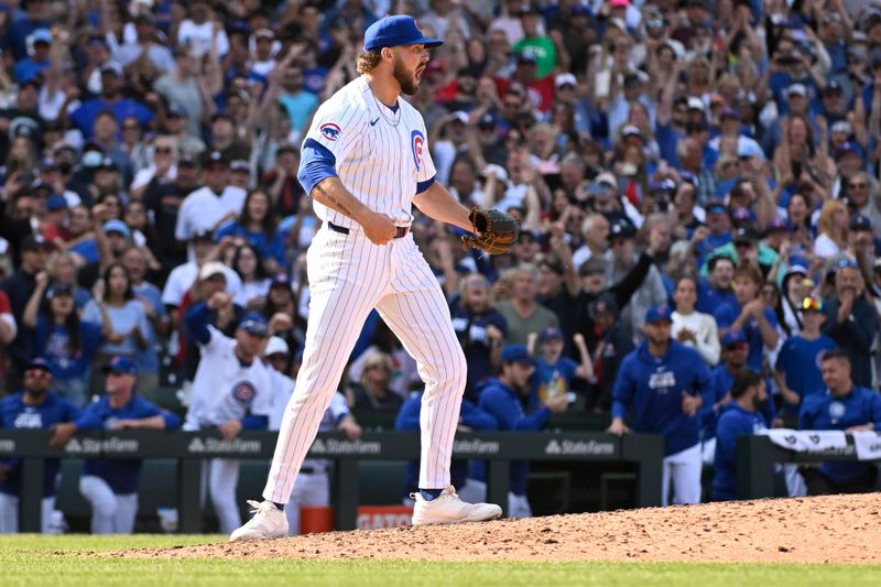 Sep 8, 2024; Chicago, Illinois, USA;  Chicago Cubs pitcher Porter Hodge (37) reacts after the game against the New York Yankees at Wrigley Field. Mandatory Credit: Matt Marton-Imagn Images