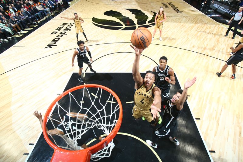 TORONTO, CANADA - FEBRUARY 22: Scottie Barnes #4 of the Toronto Raptors shoots the ball during the game against the Brooklyn Nets on February 22, 2024 at the Scotiabank Arena in Toronto, Ontario, Canada.  NOTE TO USER: User expressly acknowledges and agrees that, by downloading and or using this Photograph, user is consenting to the terms and conditions of the Getty Images License Agreement.  Mandatory Copyright Notice: Copyright 2024 NBAE (Photo by Vaughn Ridley/NBAE via Getty Images)