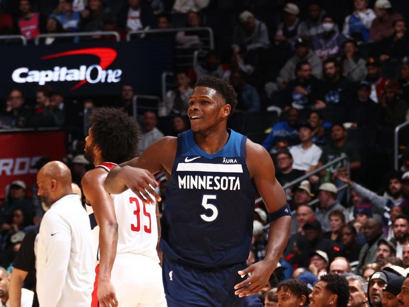 WASHINGTON, DC -?January  24: Anthony Edwards #5 of the Minnesota Timberwolves celebrates during the game against the Washington Wizards on January 24, 2024 at Capital One Arena in Washington, DC. NOTE TO USER: User expressly acknowledges and agrees that, by downloading and or using this Photograph, user is consenting to the terms and conditions of the Getty Images License Agreement. Mandatory Copyright Notice: Copyright 2024 NBAE (Photo by Kenny Giarla/NBAE via Getty Images)