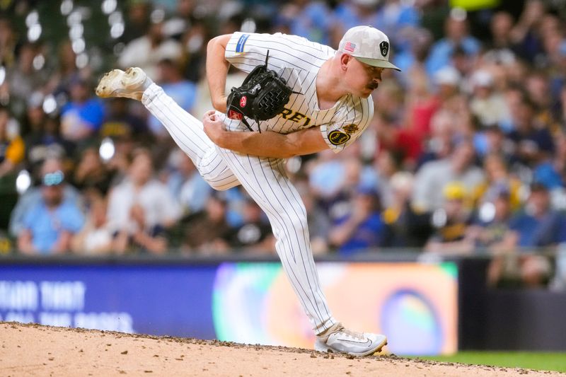 May 16, 2025; Milwaukee, Wisconsin, USA;  Milwaukee Brewers pitcher Tyler Alexander (33) throws a pitch during the seventh inning against the Minnesota Twins at American Family Field. Mandatory Credit: Jeff Hanisch-Imagn Images
