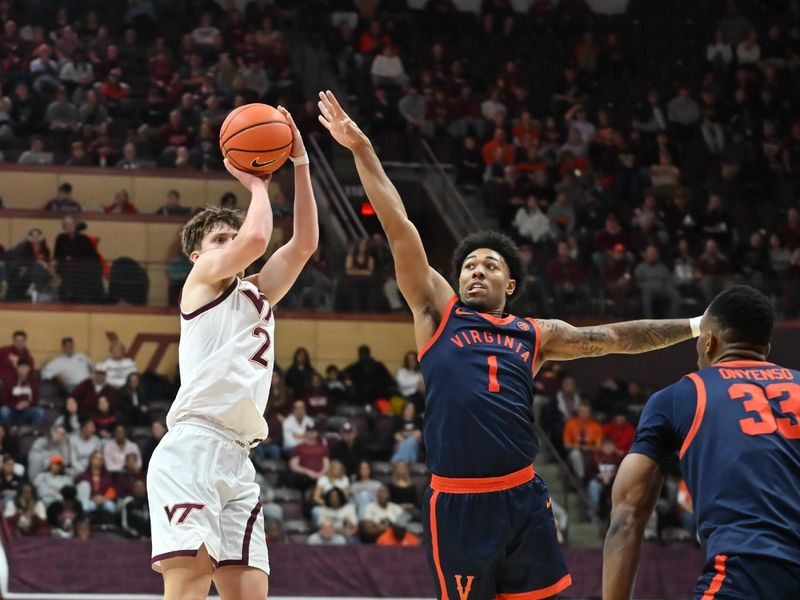 Dec 31, 2025; Blacksburg, Virginia, USA;   Virginia Tech Hokies guard Jaden Schutt (2) shoots a shot as Virginia Cavaliers guard Malik Thomas (1) defends during the first half at Cassell Coliseum. Mandatory Credit: Brian Bishop-Imagn Images