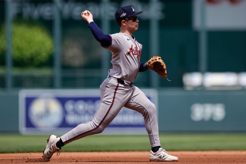 Apr 30, 2025; Denver, Colorado, USA; Atlanta Braves shortstop Nick Allen (2) throws to first for an out in the second inning against the Colorado Rockies at Coors Field. Mandatory Credit: Isaiah J. Downing-Imagn Images