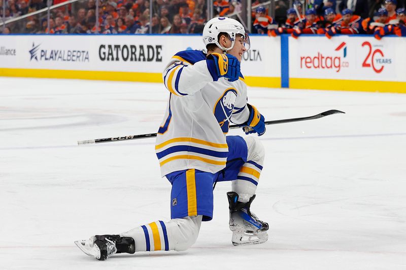 Jan 25, 2025; Edmonton, Alberta, CAN; Buffalo Sabres forward Jiri Kulich (20) celebrates after scoring a goal during the second period against the Edmonton Oilers at Rogers Place. Mandatory Credit: Perry Nelson-Imagn Images